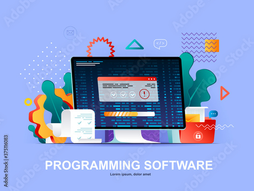 Programming software flat concept with gradients. Full stack software development, engineering, programming and testing web template. 3d composition, outsourcing company service vector illustration.
