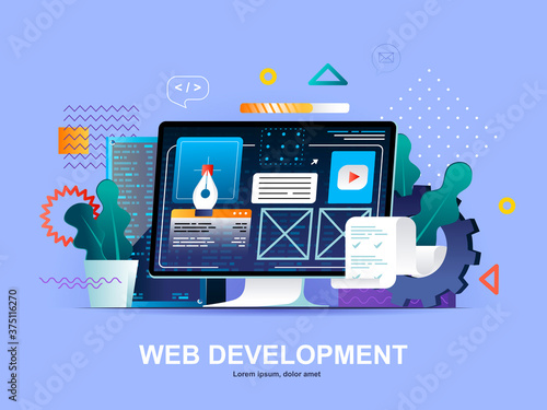 Web development flat concept with gradients. Website construct, prototyping and programming template. UI UX designer workplace 3d composition, front end development company vector illustration.