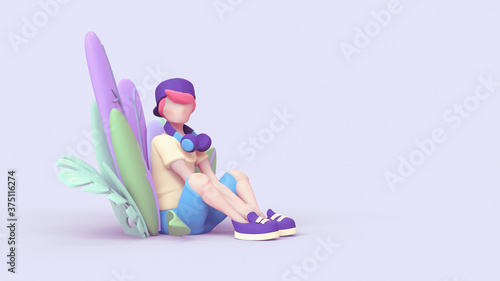 Casual young guy in headphones sits in green purple leaves. Teenager with pink hair in cap, yellow T-shirt, blue shorts enjoys nature. Concept art of meditation and health. 3d render in pastel colors.