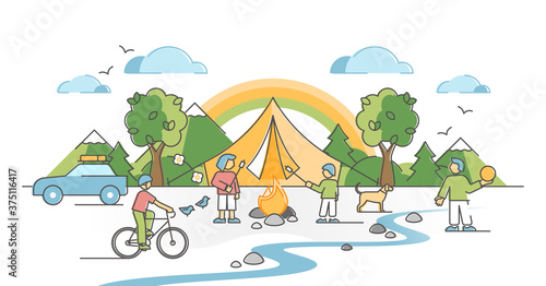 Camping family with kids outdoors with fireplace and shelter outline concept