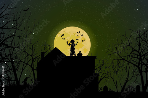 Halloween holiday. Horror. A graveyard with monsters under a yellow moon. Vampires and ghosts. Vector. EPS10