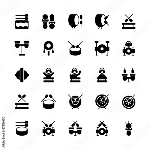 Set of drum, drummer, sound, music glyph style icon - vector