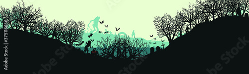 Halloween cemetery landscape with monsters. A party with monsters. Panorama. Flat design. Vector illustration