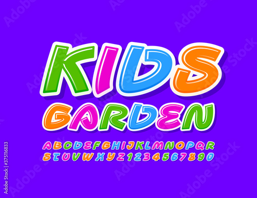 Vector bright logo Kids Garden. Artistic colorful Font. Creative Alphabet Letters and Numbers set