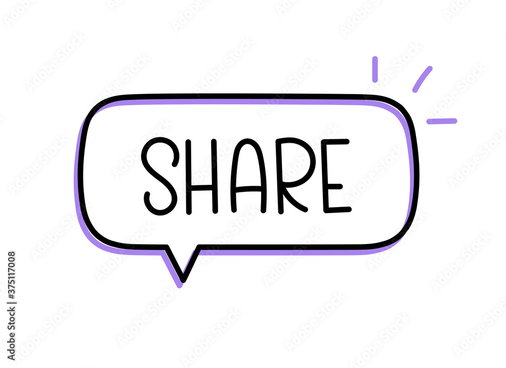 Share inscription. Handwritten lettering illustration. Black vector text in speech bubble. Simple outline marker Share inscription. Handwritten lettering illustration. Black vector text in speech bubble. Simple outline marker