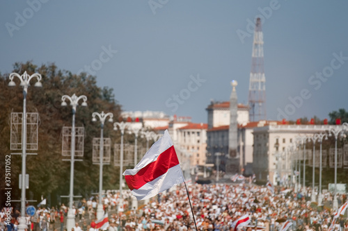 Flag of Belarus. White red white. Peaceful protest in Minsk. August 30, 2020  photo