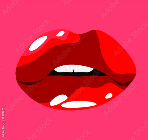 vector illustration of glossy red parted passionate lips on a red background, shiny mouth with lipstick and highlights in 3D style Flat