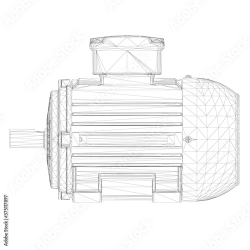 Electric motor wireframe made of black lines on a white background. Side view. 3D. Vector illustration