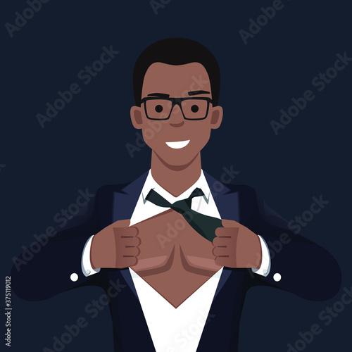 Male african american businessman superhero pop art vector illustration. Strong Businessman in glasses in flat style. Success concept. A grown man in a business suit.