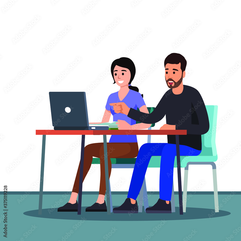 Home office. Man woman work or study from house. Freelancers, isolation period vector illustration