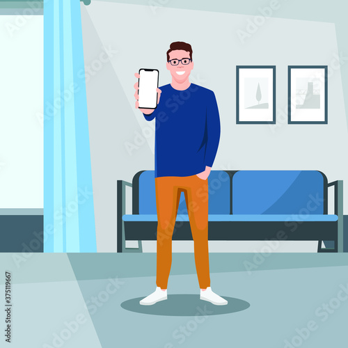 young worker or business man showing smartphone, man holding smartphone close up, flat vector design