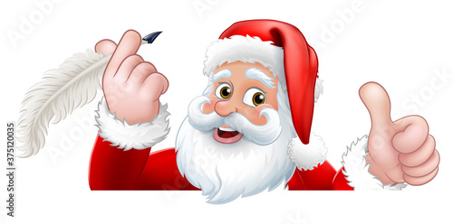 Santa Claus cartoon character peeking over a sign holding a quill pen. Christmas gift, naughty and nice list or letter to Santa concept.