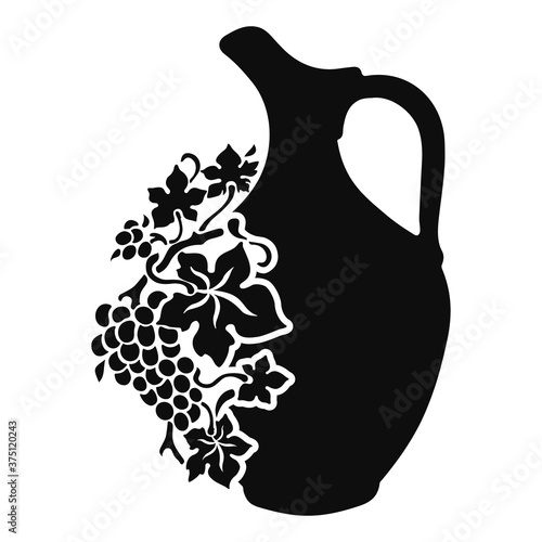 Black and white stencil - the pitcher with the vine, template for design, vector clipart.