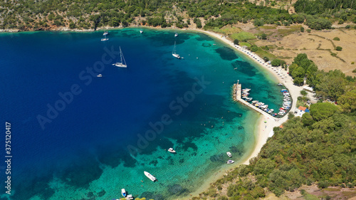 Aerial drone photo of bay and beach of Polis in Northern part of Ithaki or Ithaca island a safe sail boat anchorage  Ionian  Greece