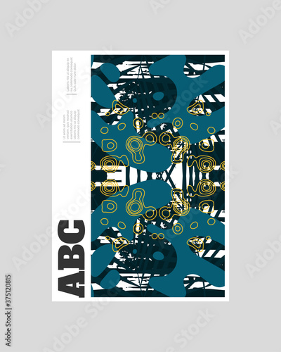 Poster background design. Colorful lines, spots, dypsis lutescens leaves and map texture. Decorative symmetric wallpaper, backdrop. Hand drawn texture, decor elements and shapes. Eps10 vector.