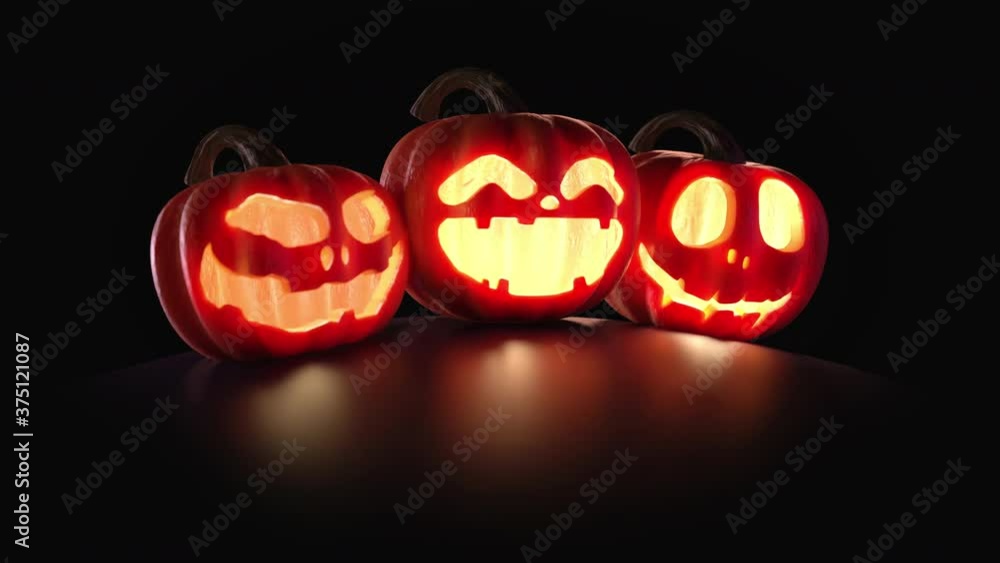 Halloween Pumpkins are burning, glowing on a dark black background with copy space. Seamless Ultra HD 4k loop cartoon animation for horror holiday decoration. Halloween Pumpkins are burning, glowing on a dark black background with copy space. Seamless Ultra HD 4k loop cartoon animation for horror holiday decoration.