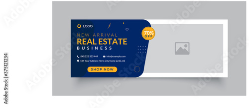  Online real estate facebook cover page timeline web ad banner template design with photo place modern layout blue background