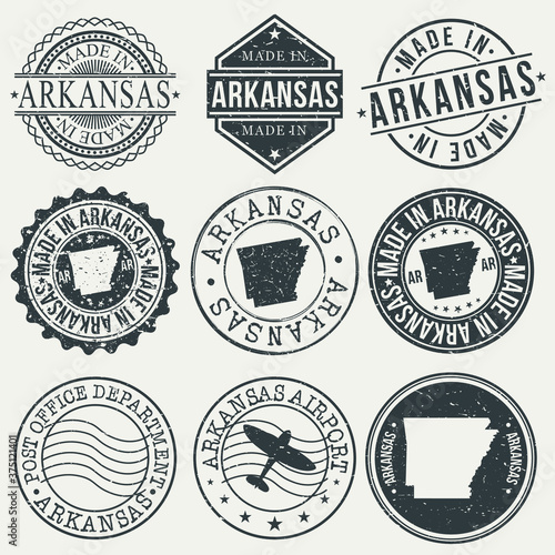 Arkansas Set of Stamps. Travel Stamp. Made In Product. Design Seals Old Style Insignia.