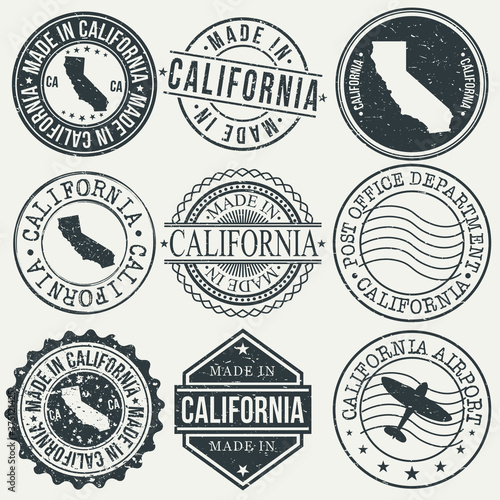 California Set of Stamps. Travel Stamp. Made In Product. Design Seals Old Style Insignia.