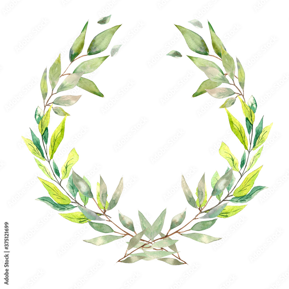 Watercolor illustration. A wreath of laurel branches. Greenery style wreath with twigs and leaves. Watercolor illustration. A wreath of laurel branches. Greenery style wreath with twigs and leaves.