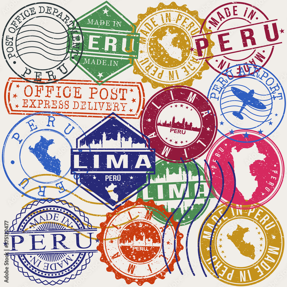 Lima Peru Set of Stamps. Travel Stamp. Made In Product. Design Seals Old Style Insignia.