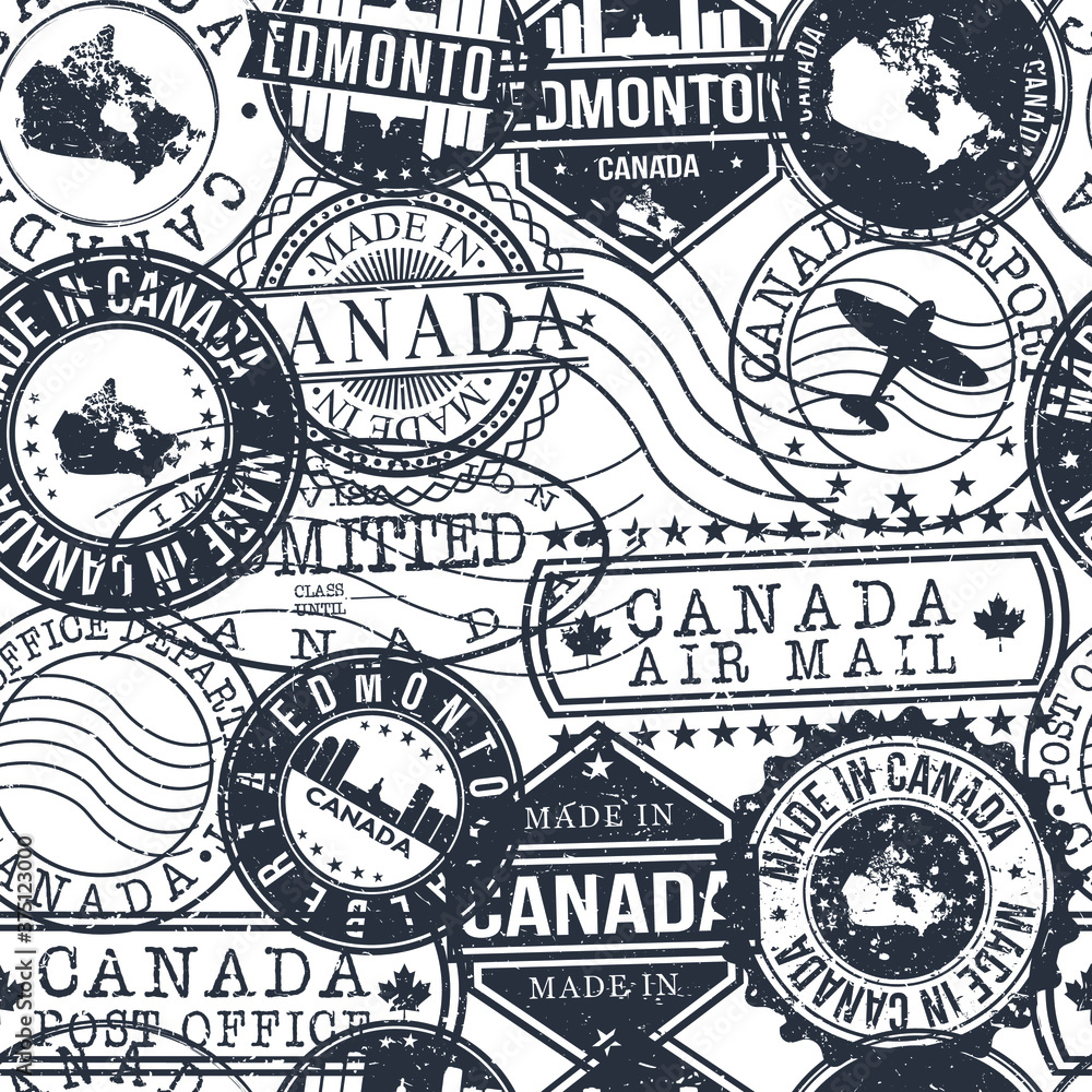 Edmonton Canada Stamps. City Stamp Vector Art. Postal Passport Travel. Design Set Pattern.
