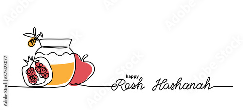 Rosh hashanah simple vector background with honey, apple, pomegranate and bee. One continuous line drawing with lettering happy Rosh hashanah. photo