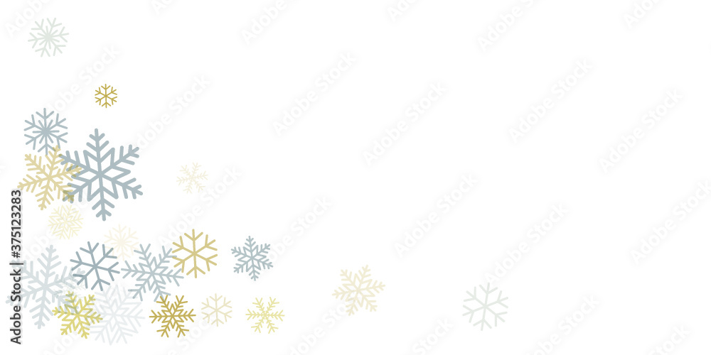 Christmas snowflakes background with place for text. Winter gold and silver snow minimal frame decoration on white, greeting card. New Year Holidays subtle backdrop. Vector illustration Christmas snowflakes background with place for text. Winter gold and silver snow minimal frame decoration on white, greeting card. New Year Holidays subtle backdrop. Vector illustration