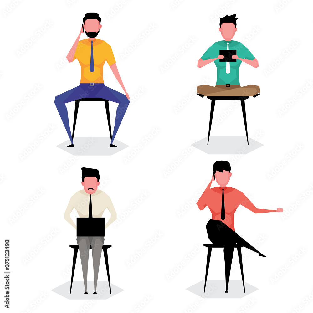 A cartoon character set of man working while sitting on a chair and using laptop A cartoon character set of man working while sitting on a chair and using laptop