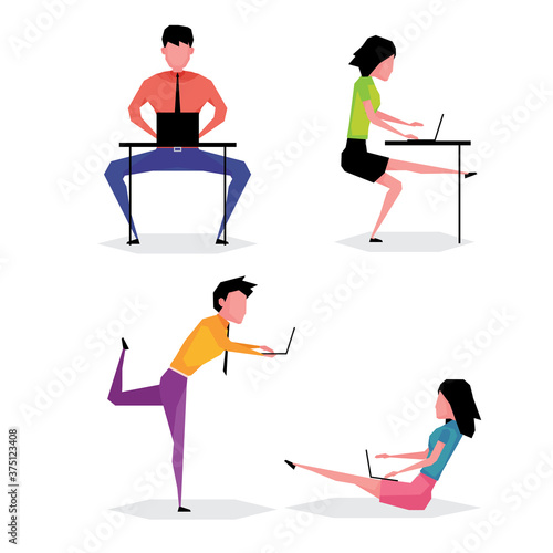 A cartoon character set of people exercise while working to prevent office syndrome