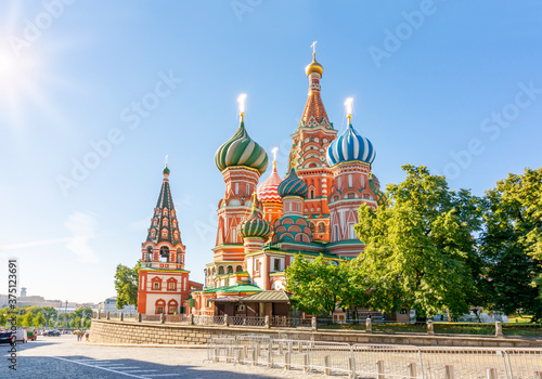 Cathedral of Vasily the Blessed (Saint Basil's Cathedral) on Red Square at sunrise, Moscow, Russia