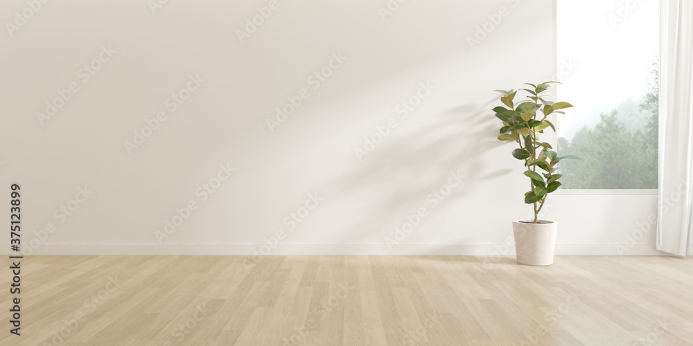 3d render of empty room with wooden floor and vase of plant on nature background. - obrazy, fototapety, plakaty 