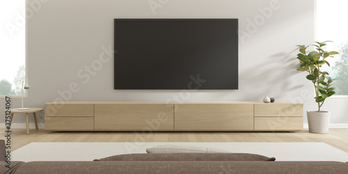 Картината върху платно 3D rendering of modern living room with TV screen and sofa on nature background