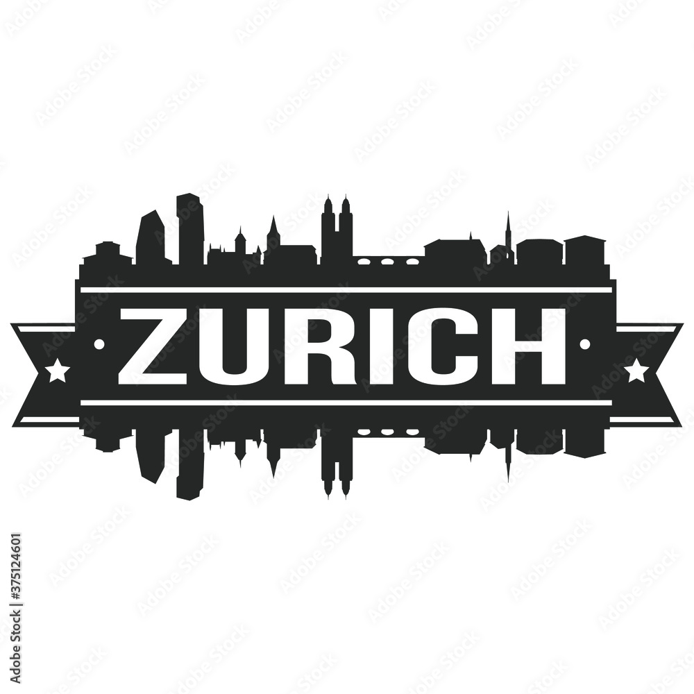Zurich Switzerland Skyline Stamp Silhouette Digital City Design Art Landmark.