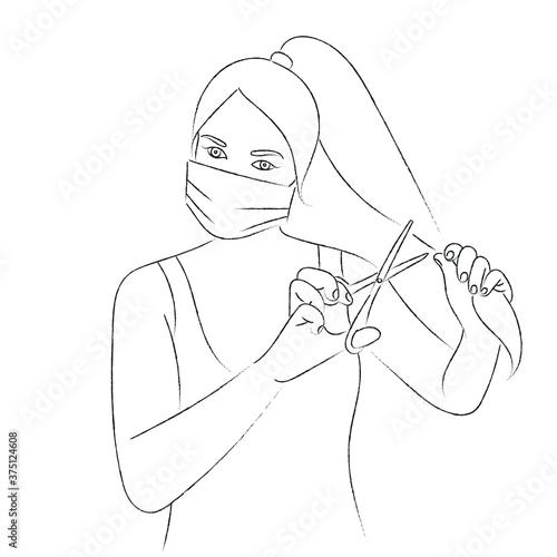 Sketch portrait of a girl in a medical mask with scissors in her hands