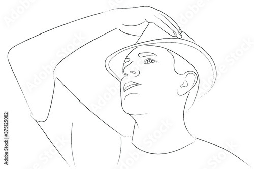 Portrait sketch of a guy straightening his hat with his hand