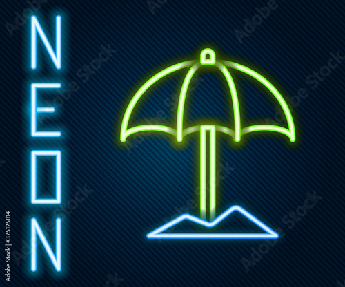 Glowing neon line Sun protective umbrella for beach icon isolated on black background. Large parasol for outdoor space. Beach umbrella. Colorful outline concept. Vector Illustration.