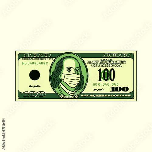 100 dollars bill with face mask on. a cartoon vector illustration of hundred dollar bank money for post covid economy, coronavirus cash
