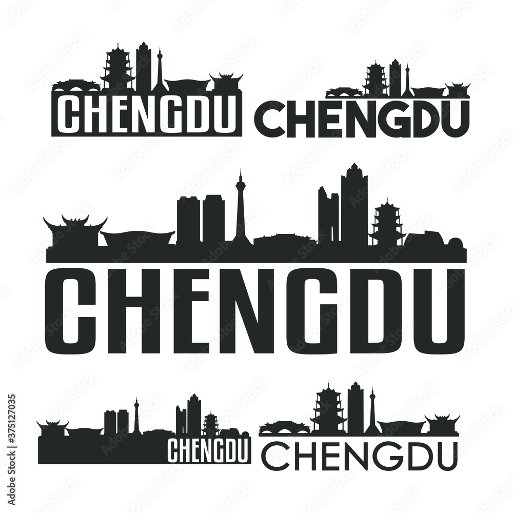 Chengdu China Flat Icon Skyline Vector Silhouette Design Set Logo.