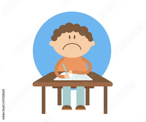 The schoolboy sits at the table and writes in a notebook. Cartoon. Vector illustration.