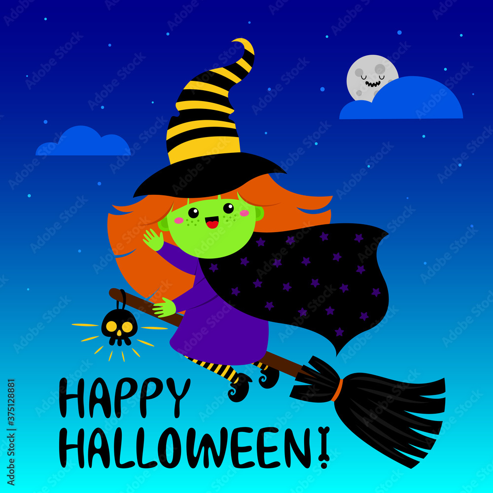 Fototapeta premium Halloween cute redhead witch in a hat flying on a broomstick. Kawaii style. Vector illustration. With text. For flyers, invitations, cards, posters.
