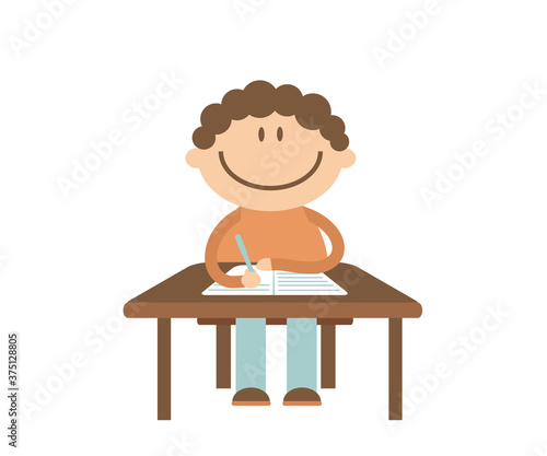 The schoolboy sits at the table and writes in a notebook. Vector illustration.