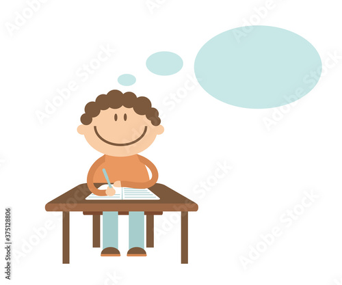 The schoolboy sits at the table and thinks. Vector illustration.