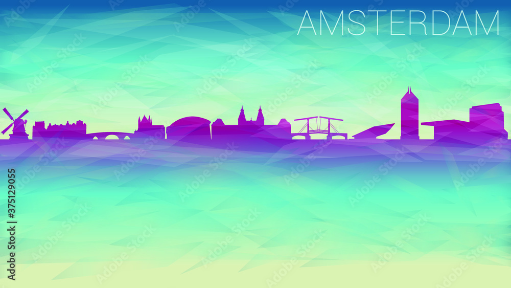 Amsterdam Holland City. Broken Glass Abstract Geometric Dynamic Textured. Banner Background. Colorful Shape Composition.