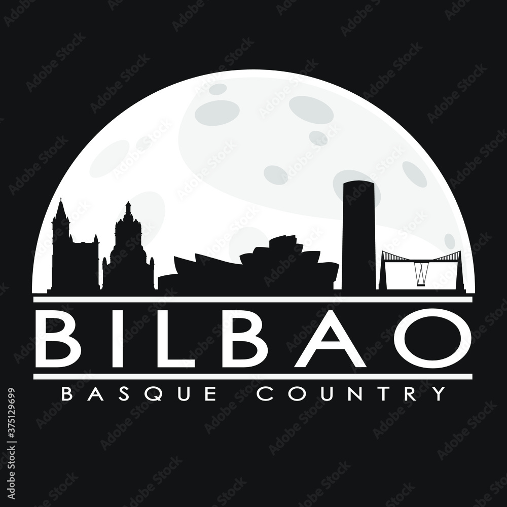 Bilbao Spain Skyline City Flat Silhouette Design Background Moon.
