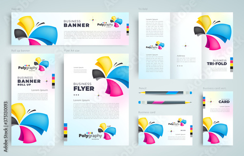 Polygraphy cmyk print graphic designt vector. Abstract multicolored butterfly. Set flyer cover, tri-fold, banner, roll up banner, business card