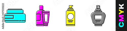 Set Cream or lotion cosmetic tube, Cream or lotion cosmetic tube, Spray can for hairspray and Perfume icon. Vector.