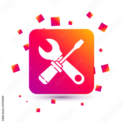 White Screwdriver and wrench spanner tools icon isolated on white background. Service tool symbol. Square color button. Vector Illustration.