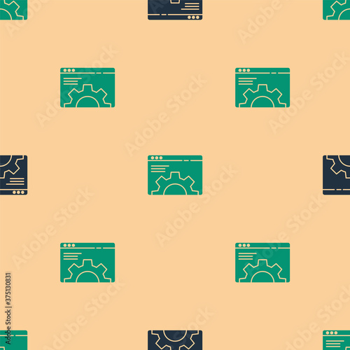 Green and black Browser setting icon isolated seamless pattern on beige background. Adjusting, service, maintenance, repair, fixing. Vector Illustration.