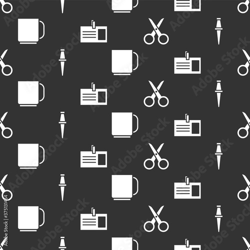 Set Scissors, Push pin, Coffee cup and Identification badge on seamless pattern. Vector.